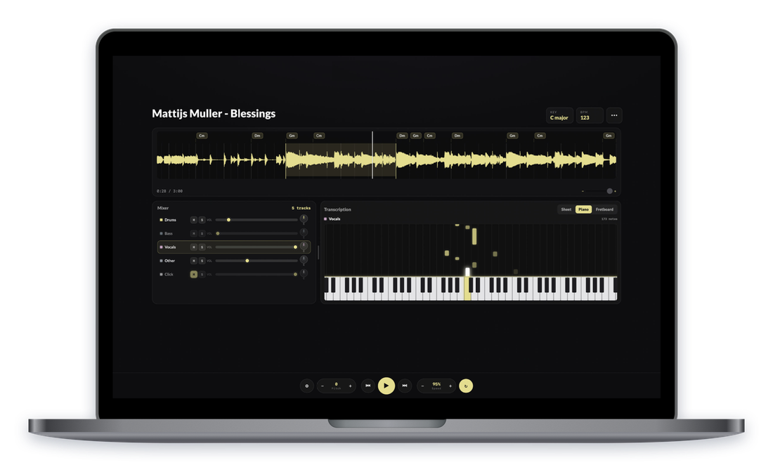 FiveLoop Studio on a MacBook: an uploaded song with its waveform, chord track, stem mixer and piano-roll transcription