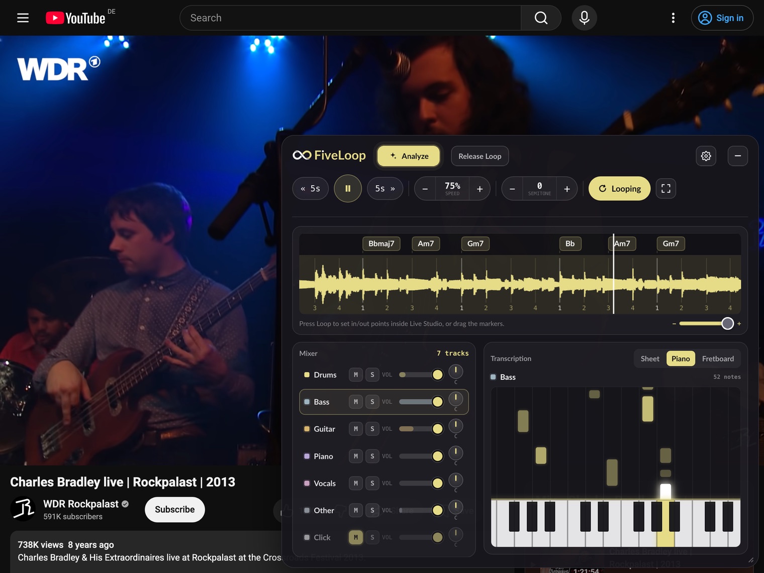 FiveLoop Live Studio showing stems, chords and a piano-roll transcription over a live video